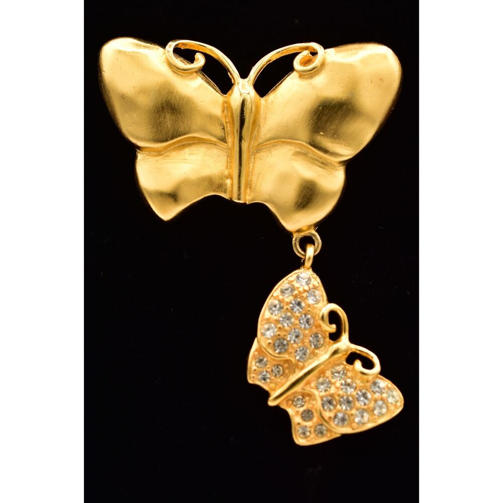 Givenchy Vintage Butterfly Pin Brooch Crystal Brushed Gold Chunky Signed Bin1